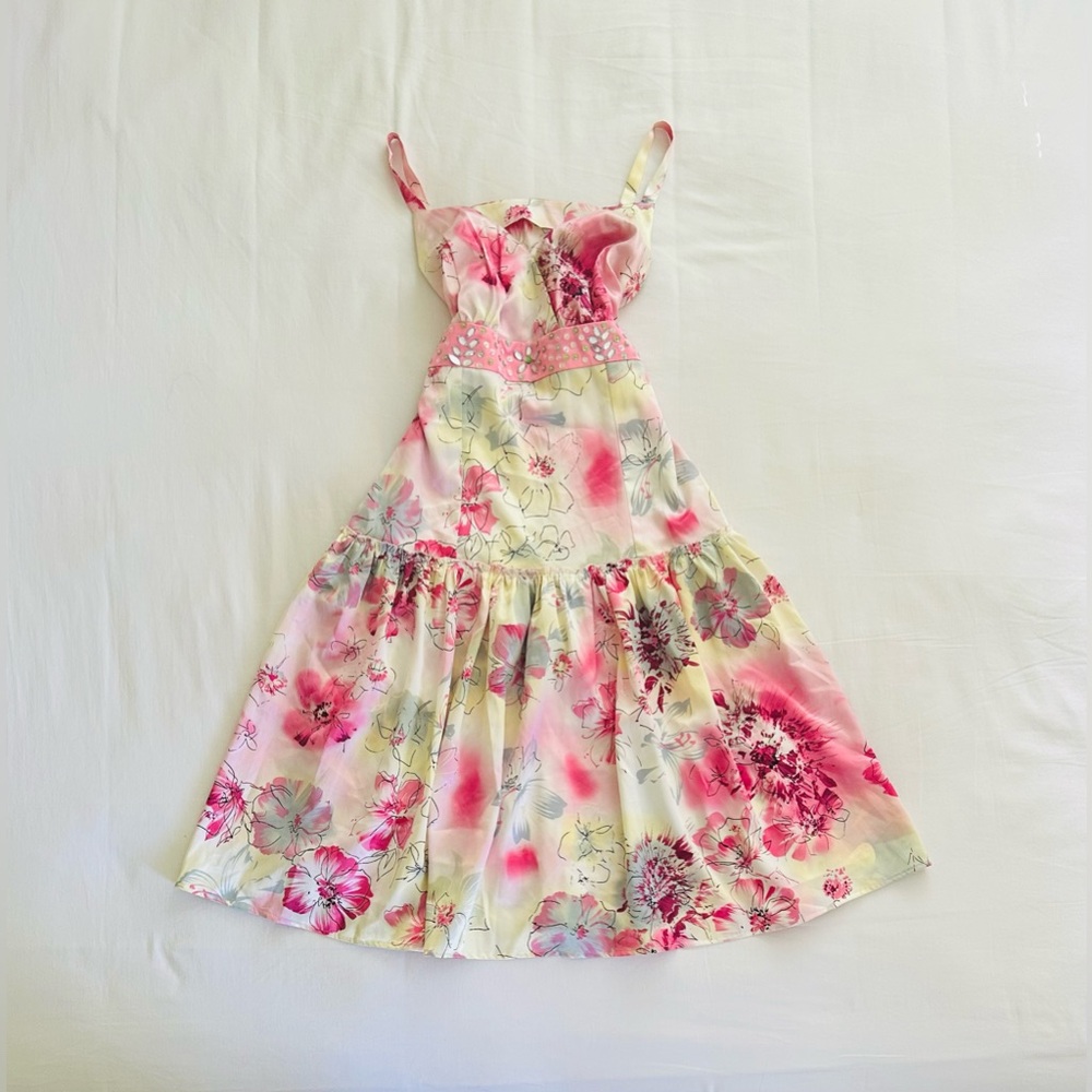 Vintage Pink Floral Watercolour Satin Dress with Bejeweled Belt